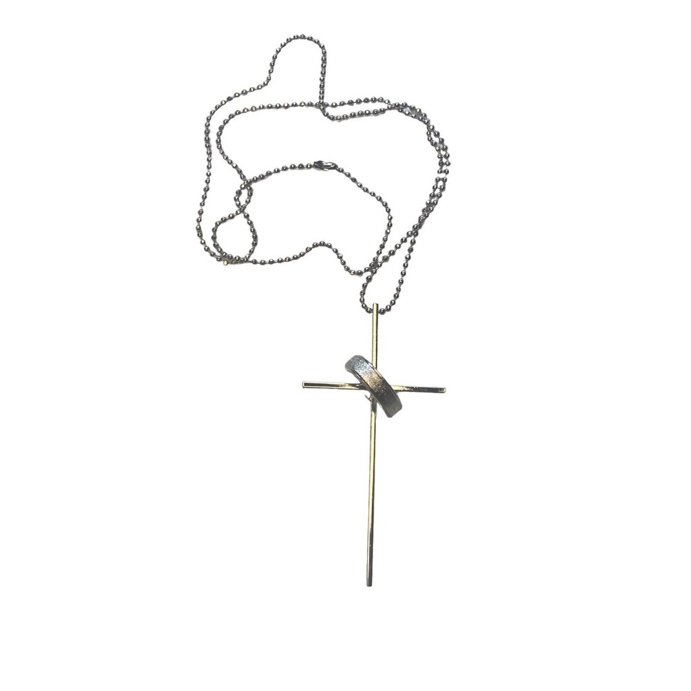Large cross necklace with ring religious Christianity boho chic silvertone